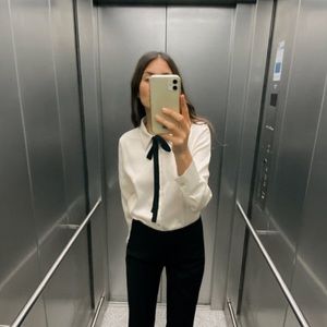 Zara Satin Effect Tie Collar Shirt XS